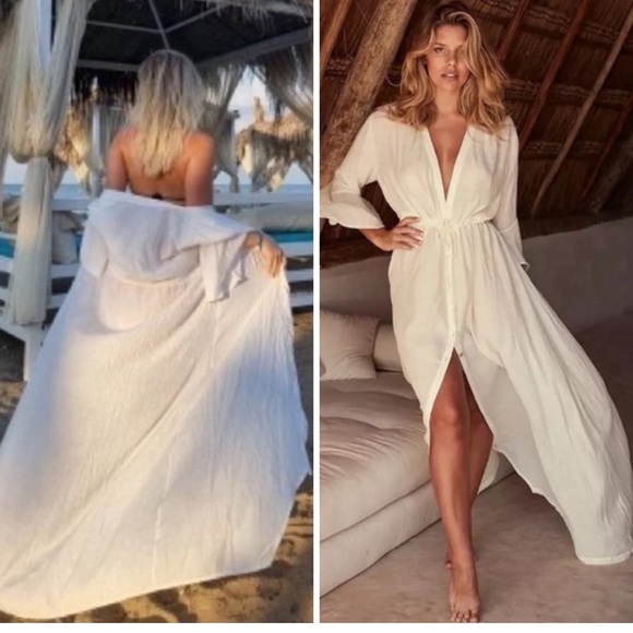 New Summer Bohemian White Gauzy Beach Long Maxi Dress Kimono - Picture 2 of 15